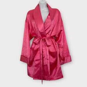 VICTORIAS SECRET GOLD LABEL Vintage Textured Satin Kimono Robe Pink M-L LIKE NEW